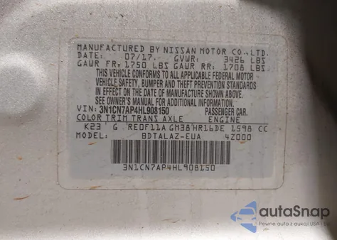 2017 Nissan Versa 1.6 S+ из США, поврежденный, VIN 3N1CN7AP4HL908150